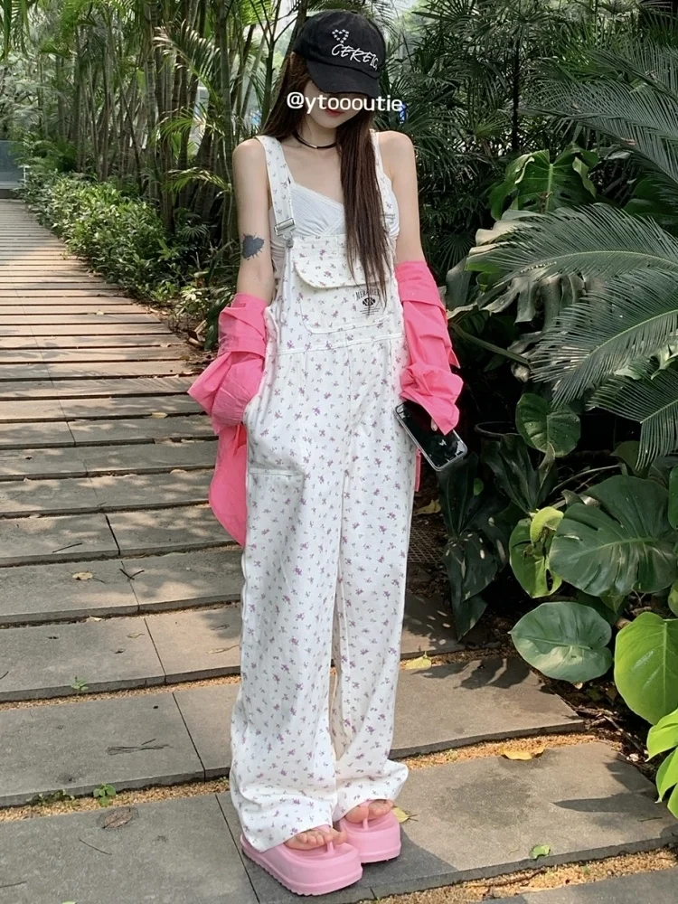

Cute Pure White Denim Overalls Women's Summer New Loose Long Pants High Waist Cotton Stretch Anti-Stain Four Seasons Universal