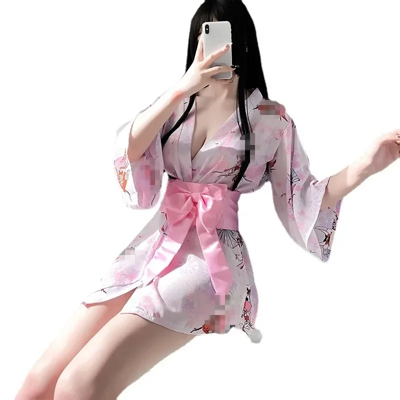 Women Sexy Short Dress Cosplay Japanese Kimono Costume Sexy Lingerie Bathrobe Sleepwear Floral Robe Erotic Lingerie Female Dress