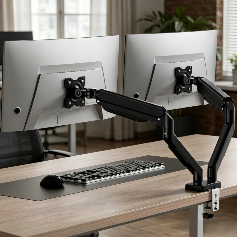 Durable dual monitor desktop bracket, 1332 inch compatible, dual rotating modes for daily business office scenarios