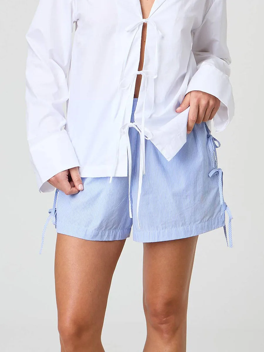 Women s Summer Casual Shorts with Pockets Stripe Pattern Tie Bows Elastic Waist Loose Wide Leg Shorts