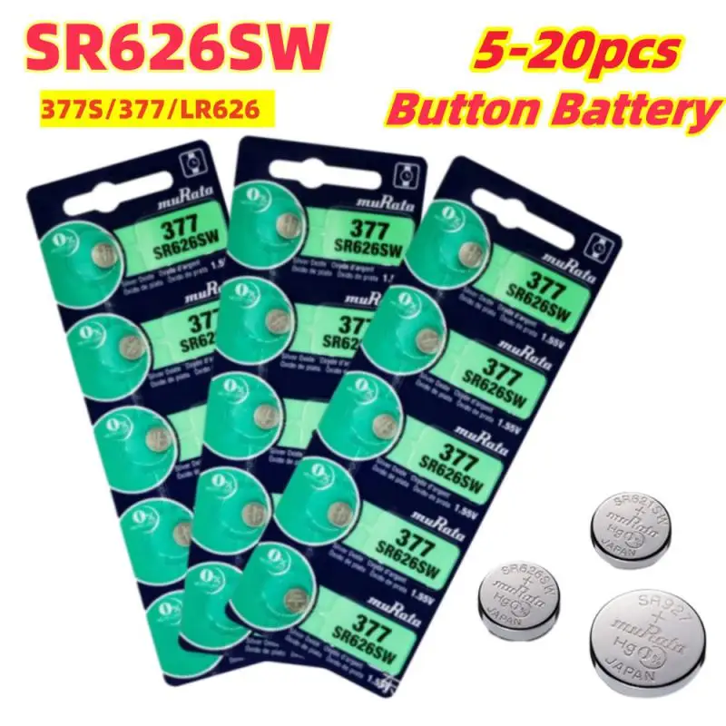 MuRata High Capacity 5-20pcs SR626SW AG4 Equivalent 377S 377 LR626 1.55V Button Cell Battery For Watch Candle Lamp Replacement