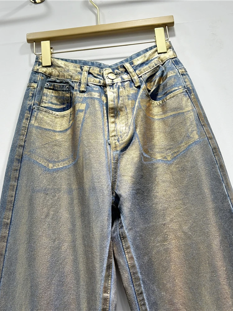 DEAT Women's Jeans High Waist Straight Shiny Silver Plated Gold Coated Do Old Denim Pants 2024 Autumn New Fashion 29L7855