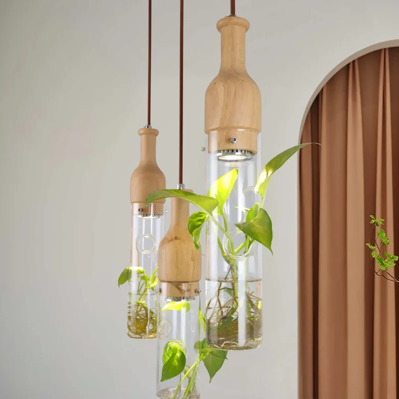 Modern LED plant pendant lights wood glass bottle lustres luminaire industrial decor hanging lamp E27 led lampara lighting