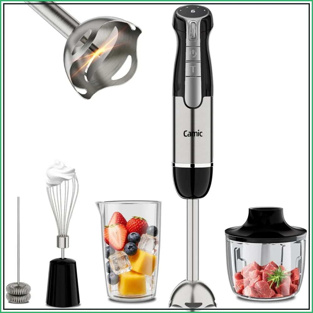 Cordless Immersion Blender, 4-in-1 Hand Blender with 6 Speeds, Blender, Chopper, Whisk & Frother for Soup, Smoothies, Baby Food & Puree