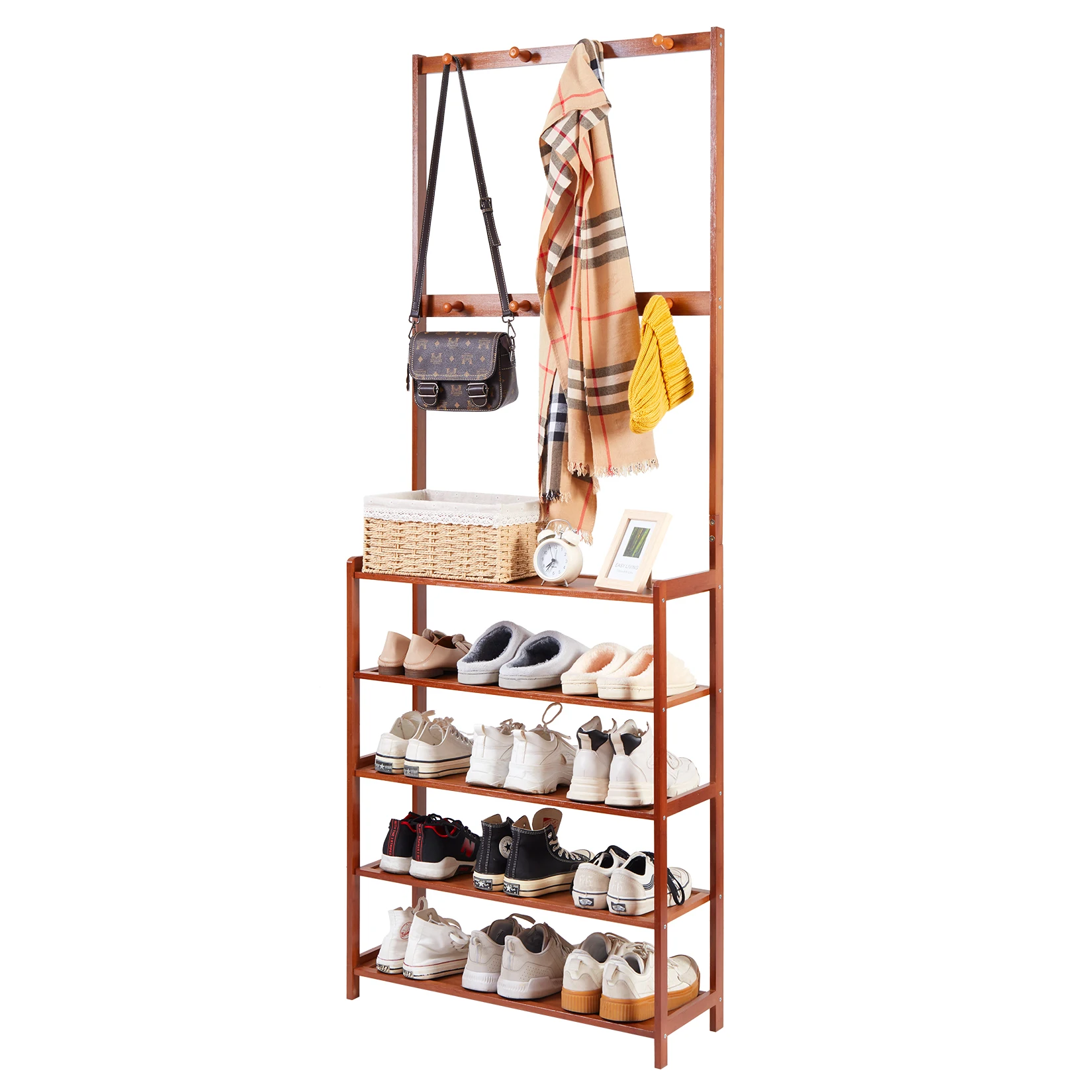 

5 Tier Tall Coat Hat Rack Bamboo Shoe Storage Organiser Shelf with 8 Hanging Hooks