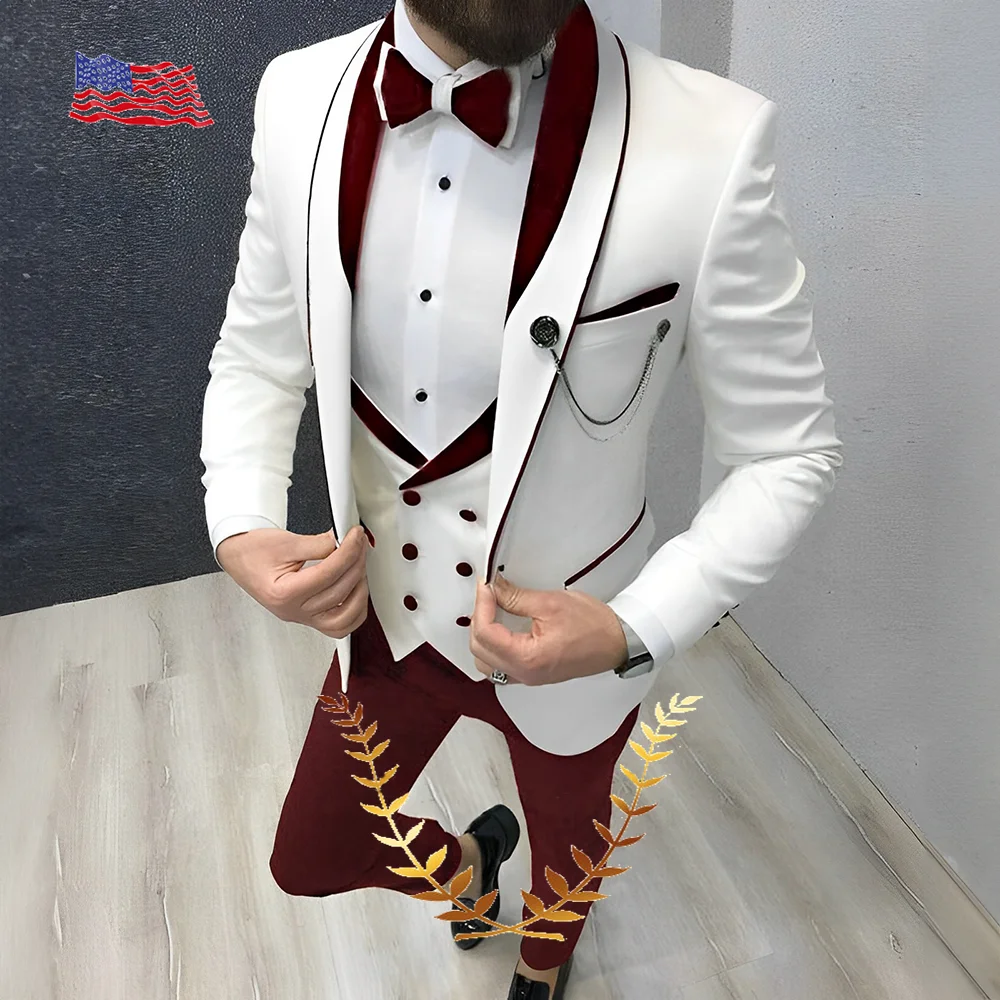 

Wedding Groom Tuxedo Elegant Men's 3-piece Suit Set (Jacket, Pants, Vest) Party Formal Outfit Slim Fit Clothes