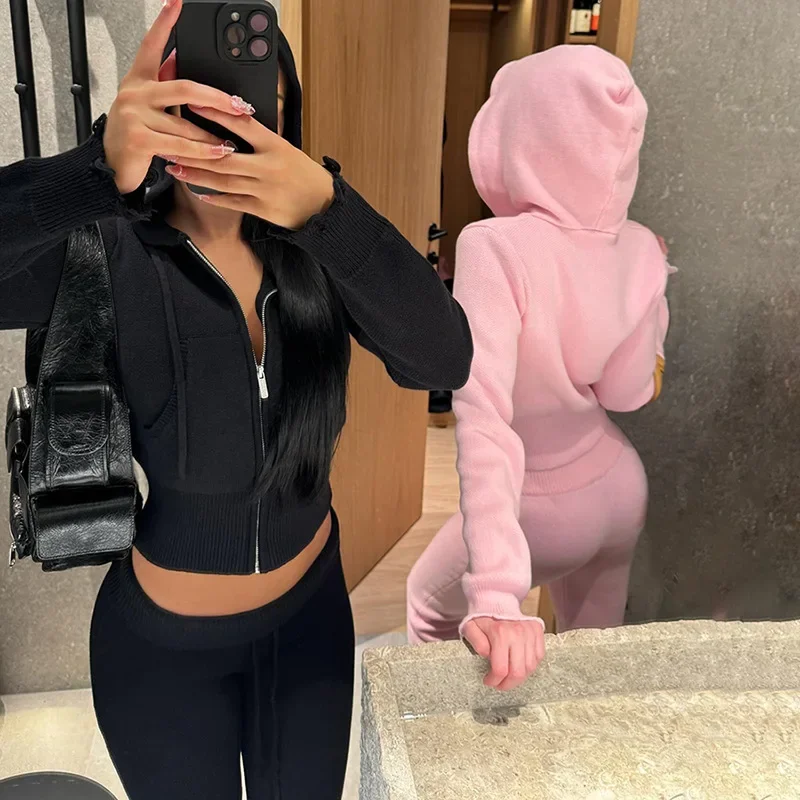 Women 2 Piece Pink Knitted Sweater Hooded Jacket Straight Pants Sets Slim Zipper Overcoat Drawstring Pants Knit TwoPiece Outfits