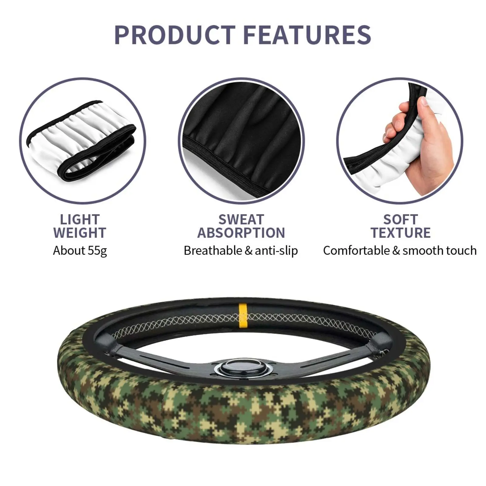 Military Green Camouflage Puzzle Print Steering Wheel Cover for Women Anti Slip Auto Car Wrap Cover Accessories for Unisex - view 6