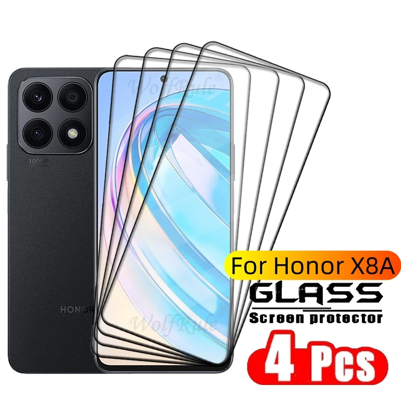 4pcs For Honor X8a Glass Honor X8a Tempered Glass Protective Full Cover Glue 9H HD For Screen Protector Huawei Honor X8a 6.7\