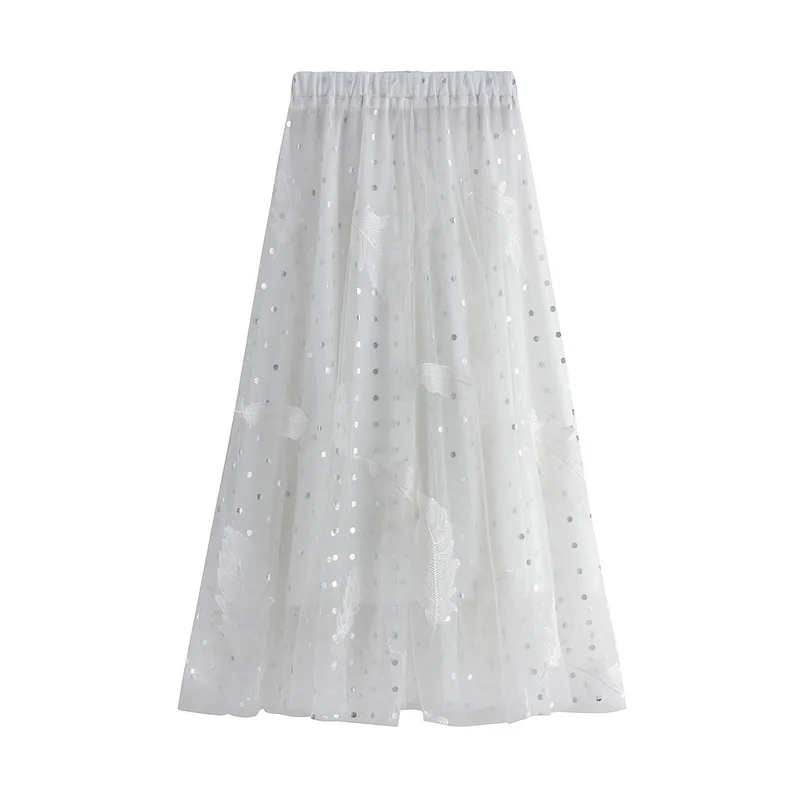 

Feather Embroidery Gauze Skirt for Women, Fairy, High Waist, Puffy, Korean, New, Spring, 2024