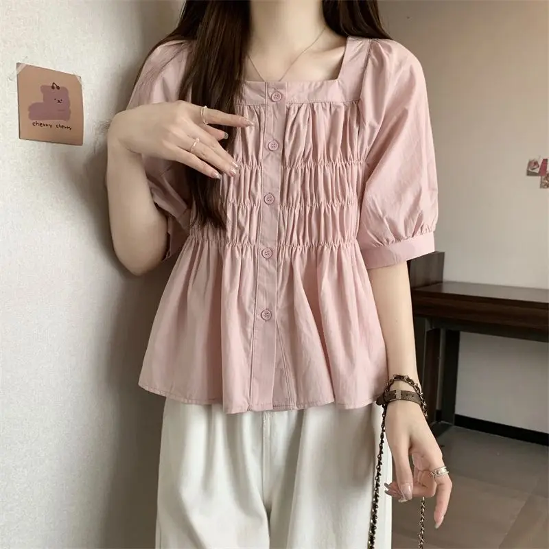 Gentle French Style Square Collar Blouse Female Clothing Solid Color Basic Summer Elegant Puff Sleeve Fashionable Folds Shirts