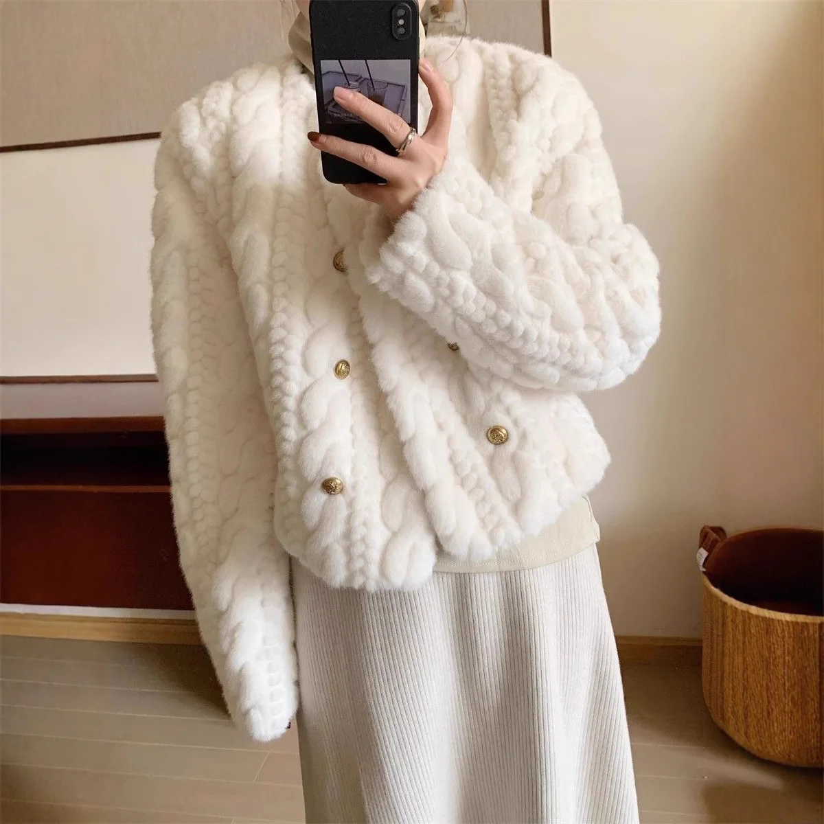 

Autumn Winter Thickened Round Neck Double Button Short Loose Fur Parka Women's Clothing Cotton Coat Stylish Quilted Jacket