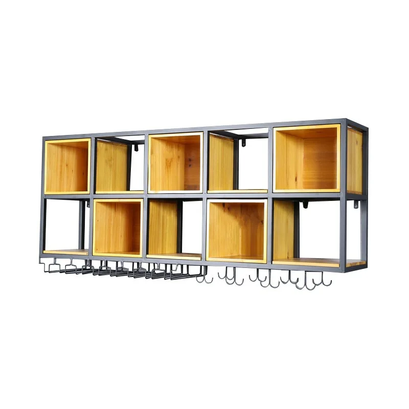 

Wall storage rack red wine glass rack combination simple wrought iron solid wood bar restaurant wall hanging wine glass rack