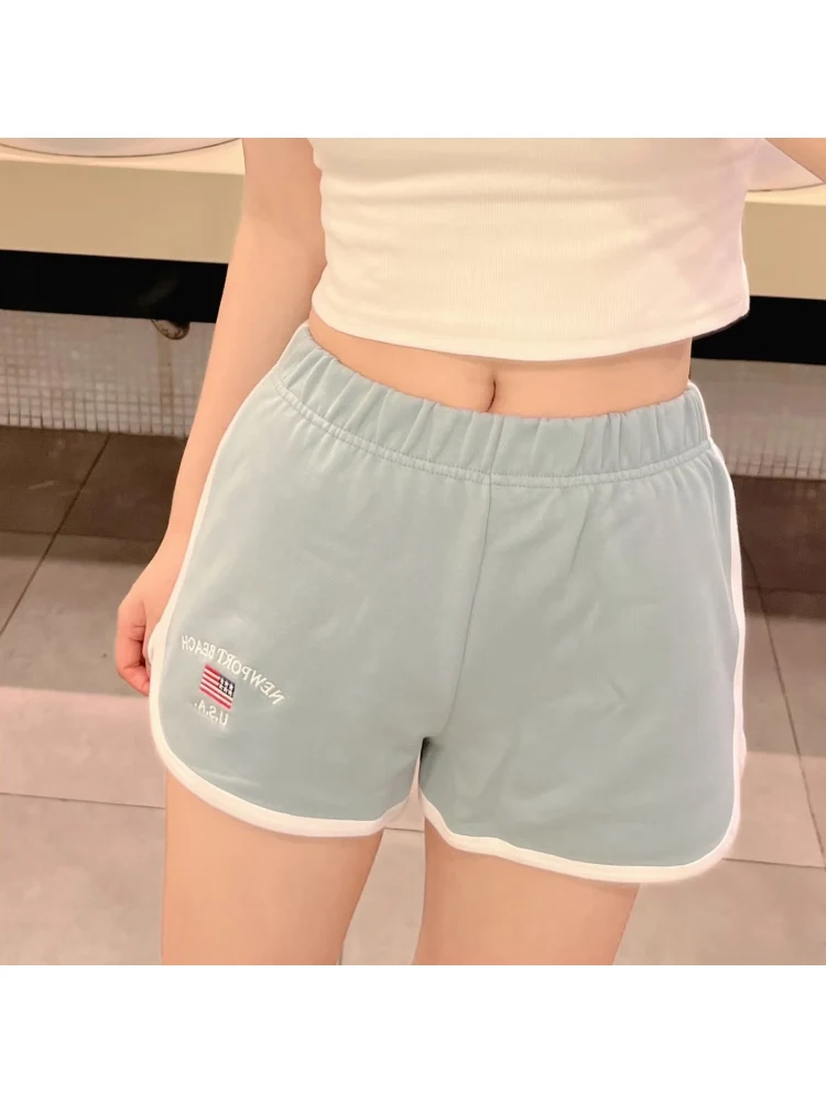 Casual Women Blue Flag Embroidery Short Pants 2022 Summer Fashion Ladies Sporty Female Knitted Shorts