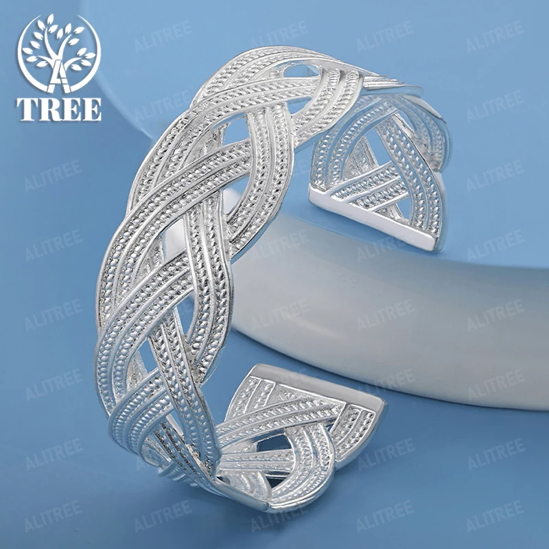 

New 925 Sterling Silver Intertwined Braid Adjustable Opening Bangles For Women Fashion Wedding Party Charm Jewelry Accessories