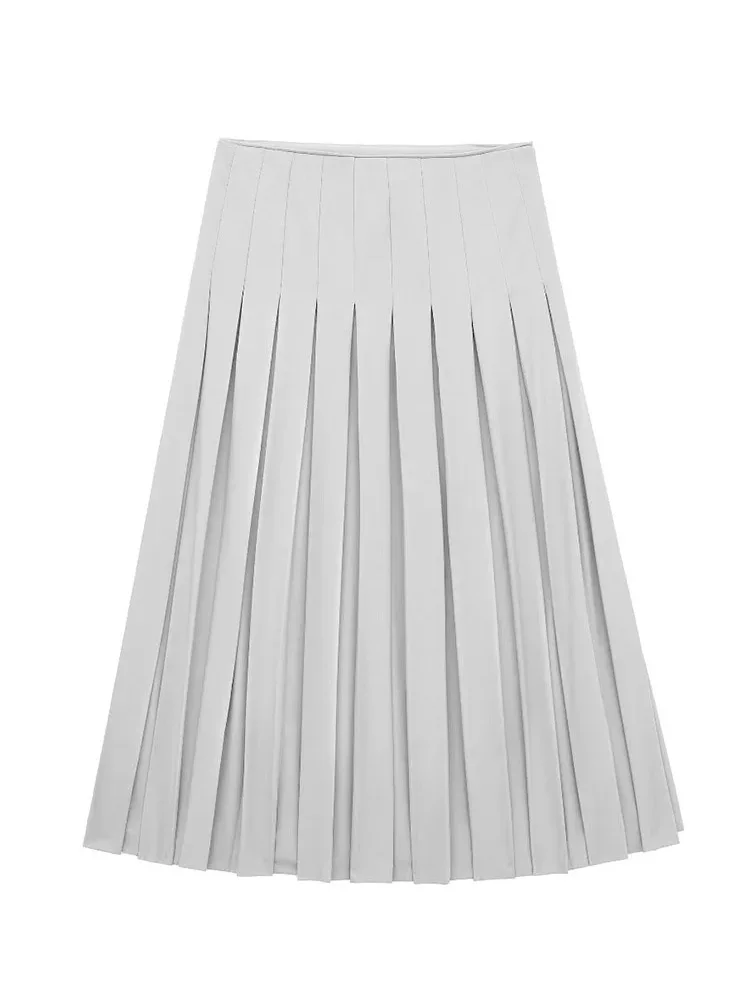 

HH TRAF Women's Summer FAshion Folded Decorated Long Skirt Female Elegant Slim High Waist Side Zipper Preppy Style Solid Skirt