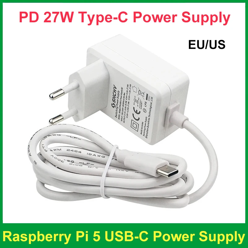 

Блок питания Raspberry Pi 5,1 В, 5 А, 27 Вт, USB-зарядное устройство типа C, адаптер питания с вилкой европейского стандарта и США для Raspberry Pi 5 4B RPI 5
