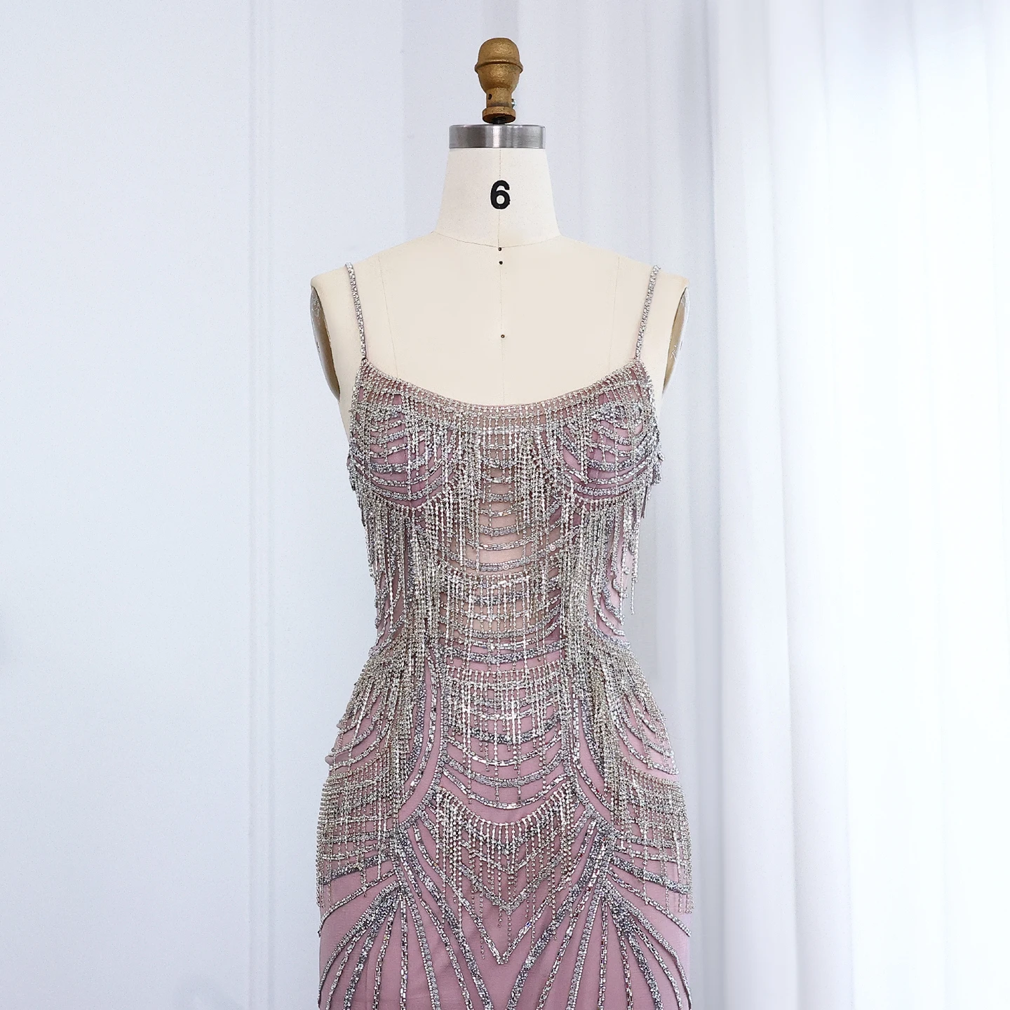 Sharon Said Luxuriöses Champagner-Abendkleid mit Spaghettiträgern, Perlenbesetztes Meerjungfrauenkleid, bodenlang, für formelle Anlässe und Partys, SS029, maßgeschneidert – Detail 22