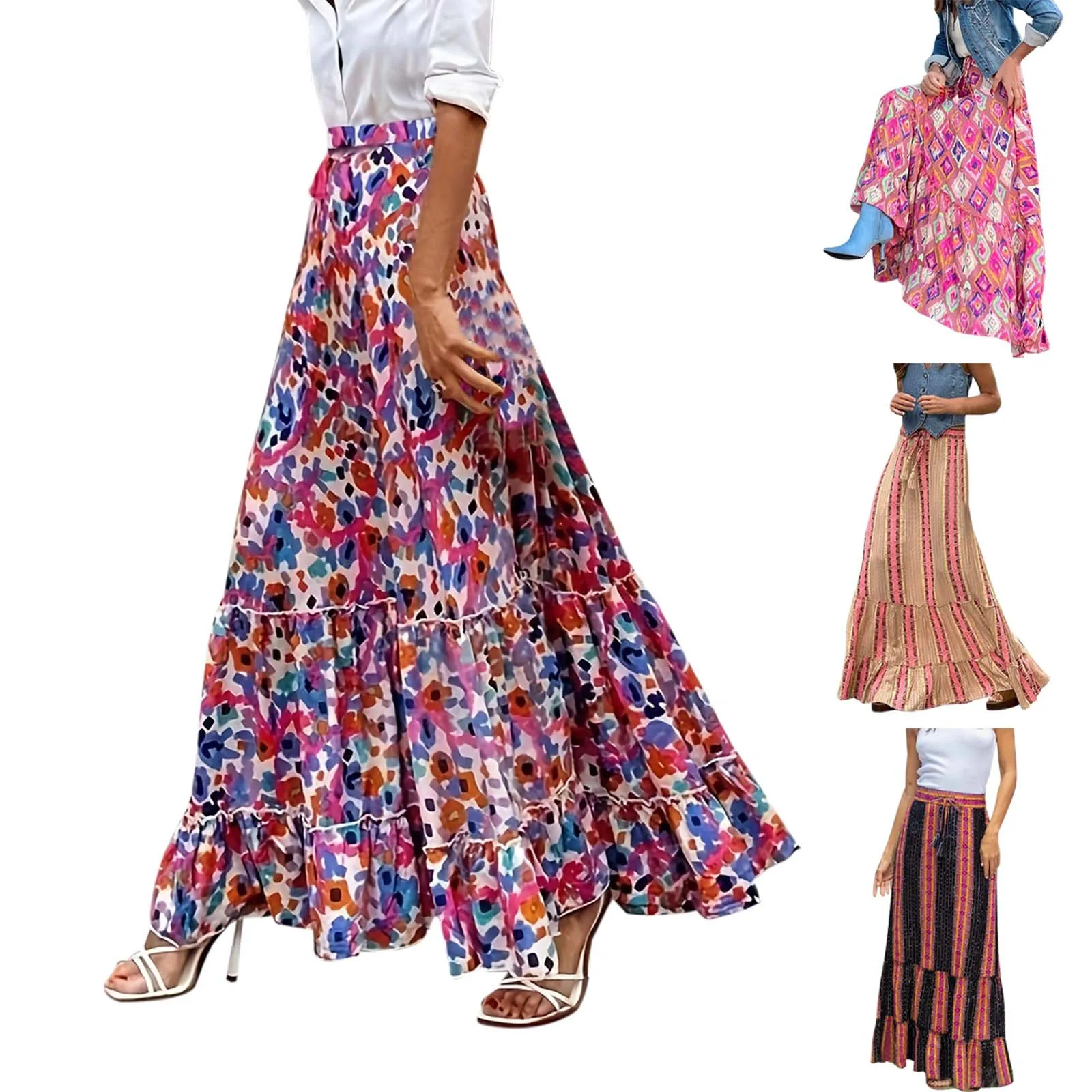 Boho Retro Floral Print Skirts 2025 Spring Summer Print Elastic Waist Pleated Long Skirts Casual Holiday Beach Skirt For Women