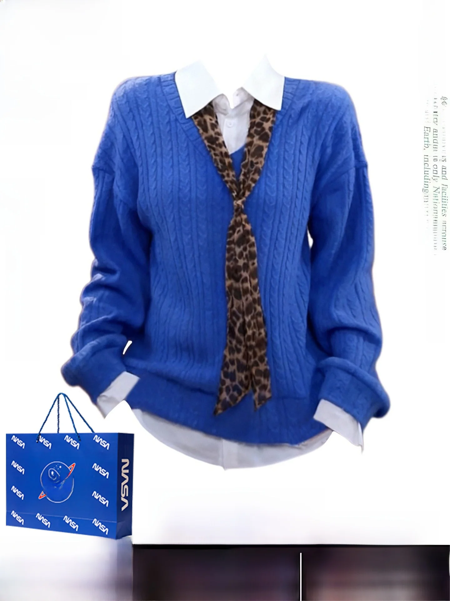 

Синий вязаный свитер с поясом, длинный рукав, женский, повседневный дизайн, имитация двухслойного, V-образный вырез, полиэстер, осенне-зимняя одежда