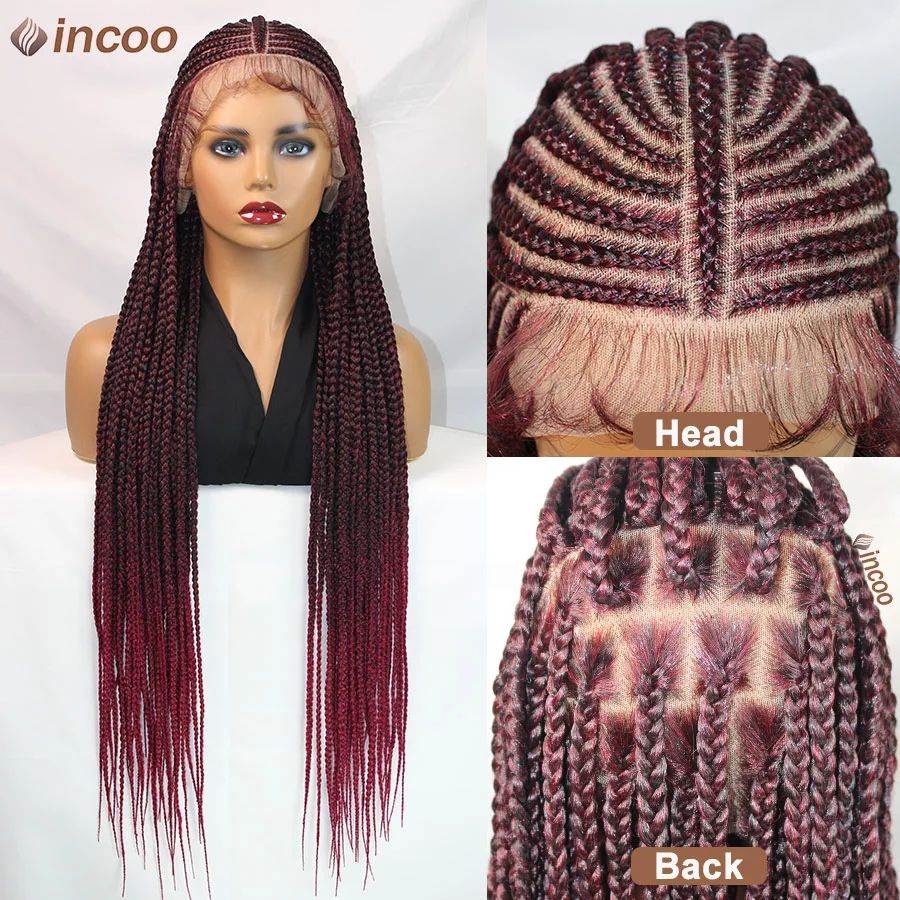 Perucas sintéticas coloridas do laço completo fulani cornrow trançado perucas 1b vermelho borgonha parte média perucas de trança sem nós para preto