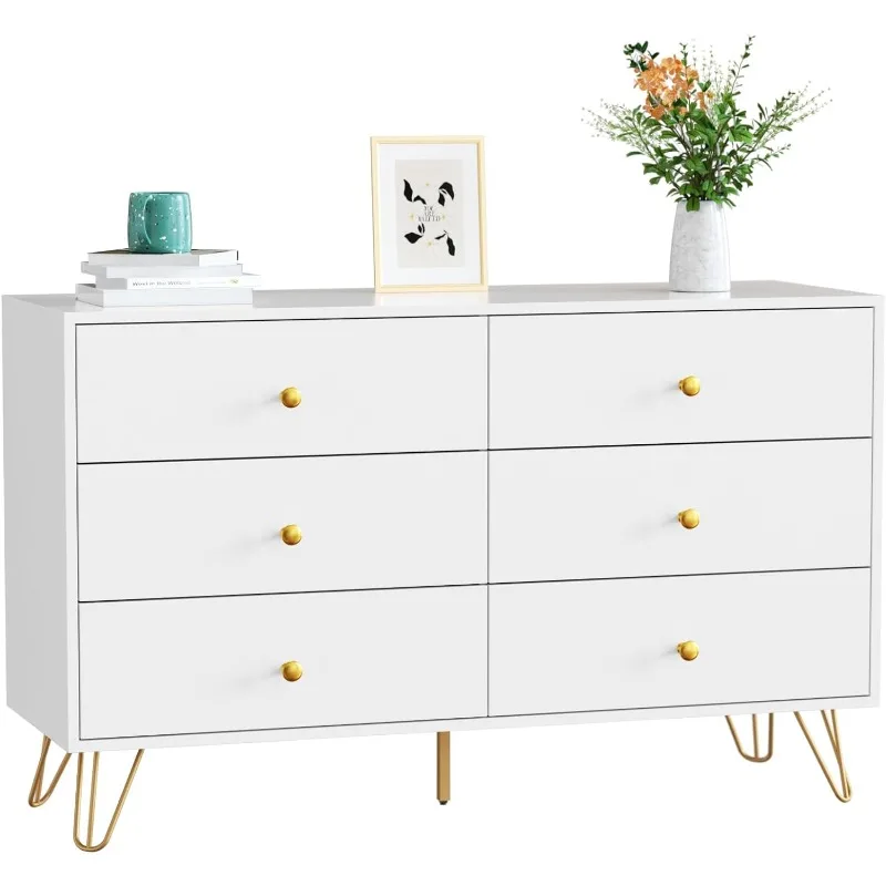 

Dresser for Bedroom, 6 Drawer Dresser with Wide Drawers and Gold Metal Handles, Wood Dressers & Chest of Hallway, Entryway.