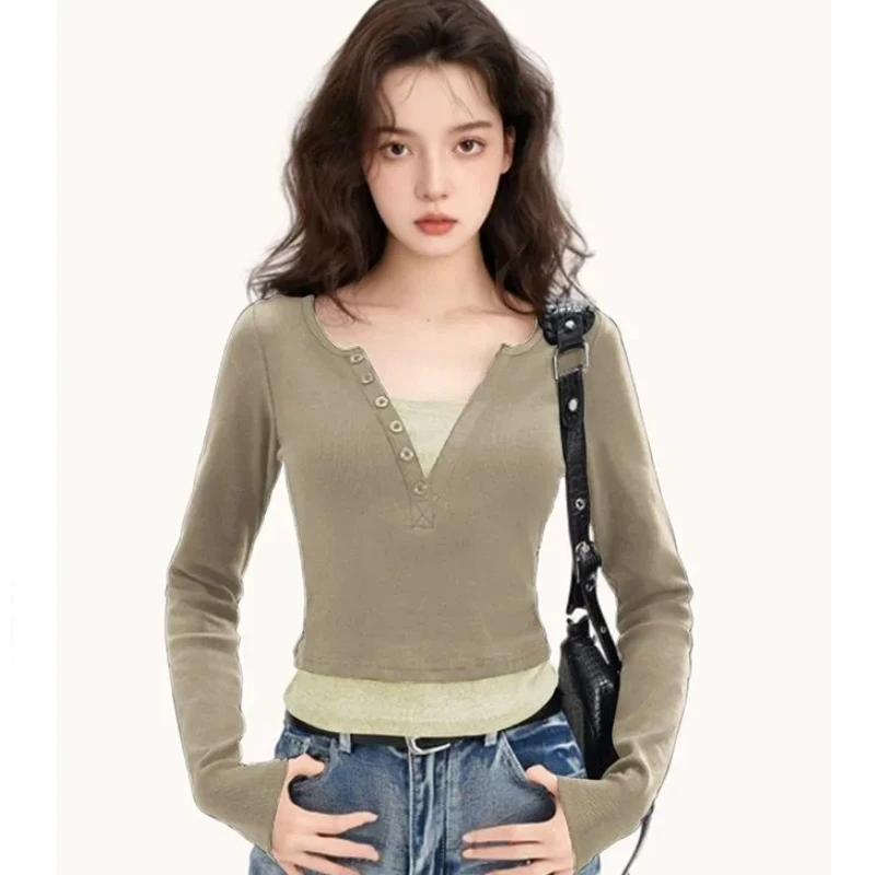 Women Spring Autumn Cotton Color Block Fake Two Piece Long Sleeve Top V Neck Cropped Slim Fit Versatile T Shirt