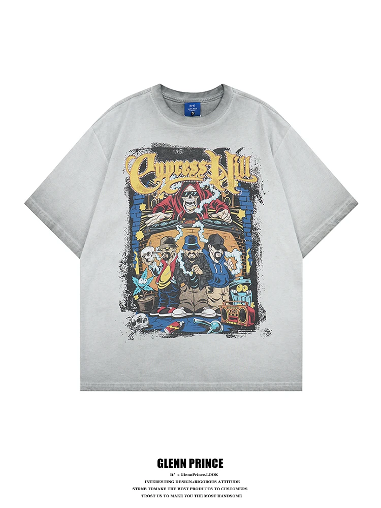 

Washed Short T-Shirt Men's Loose Fit Cartoon Animation Print Half Sleeve Summer Cotton Hip Hop Style Casual Comfortable Top