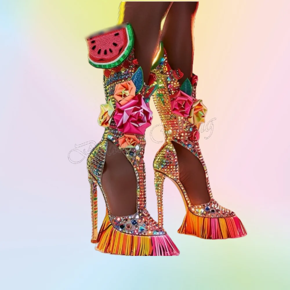 

Mixed Color Strange Style Sandals Crystal Boots Flower Decor Novel Shoes for Women Cover Toe Wedding Shoes 2025 Zapatillas Mujer