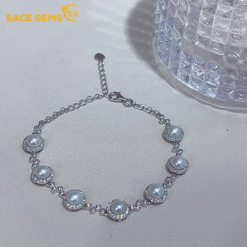 

SACEGEMS New Arrival 925Sterling Silver 5.5MM Natural Pearl Bracelrts for Women Engagement Cocktail Party Fine Jewelry Wholesale