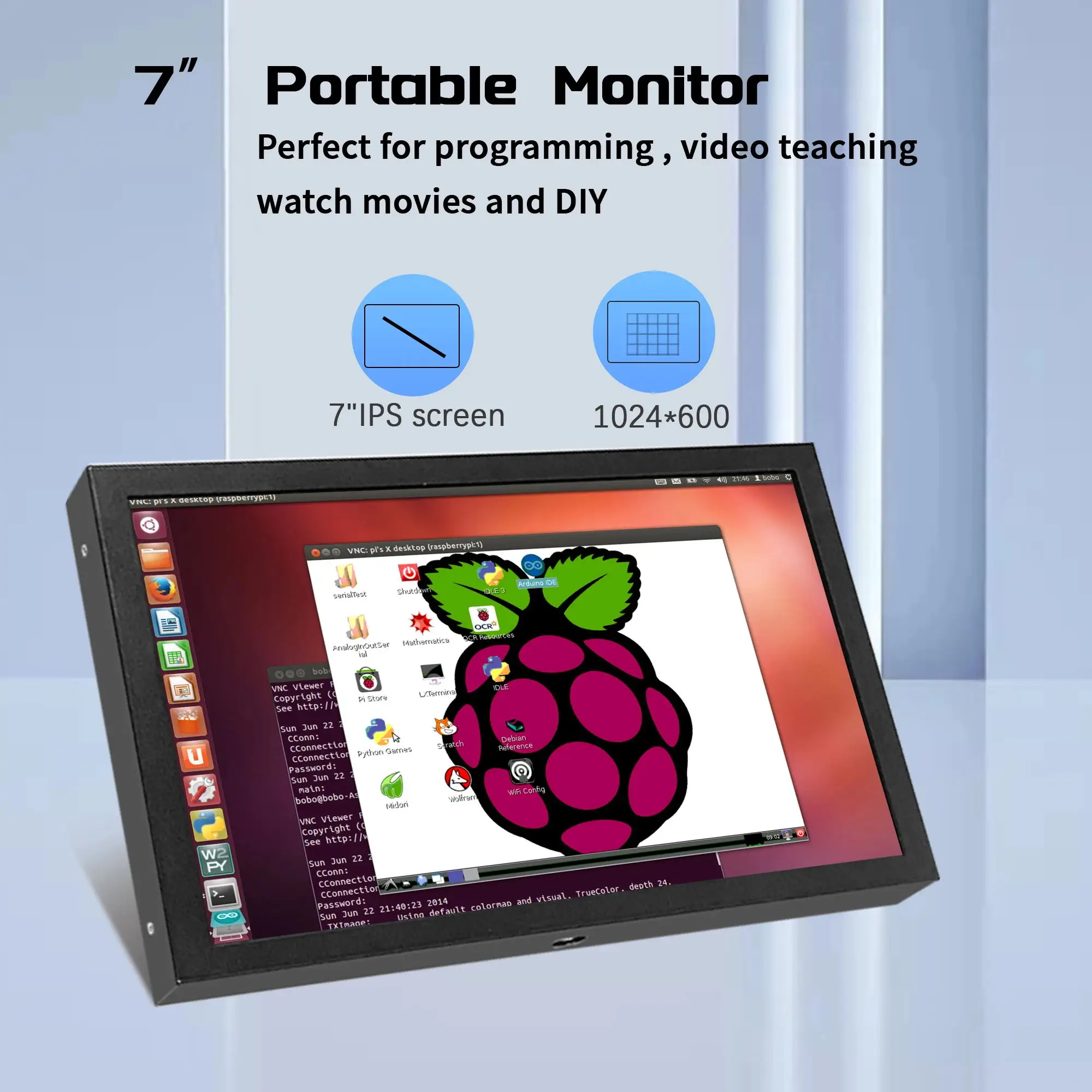 7 Inch IPS Screen 1024*600 LCD Portable Monitor AV DC Pow VGA Display Multi-Interface Support Raspberry Pi Banana Pi Mini PC