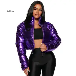 Fashion Cute Women Bright Pu Puffer Jacket Winter Warm Bubble Coats Shiny Leather Parkas Down Zipper Cropped Jackets Parkas