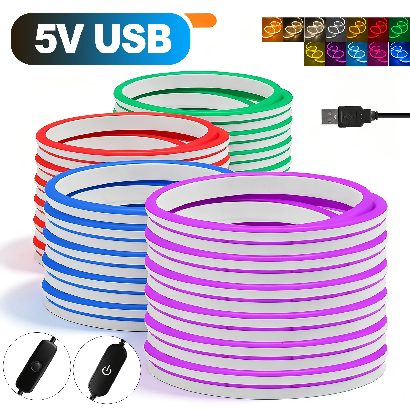 5V LED Neon Strip Light USB Touch Dimmer/ON OFF Switch Waterproof Flexible Diode Tape Yellow Pink White Red Warm for Home Decor