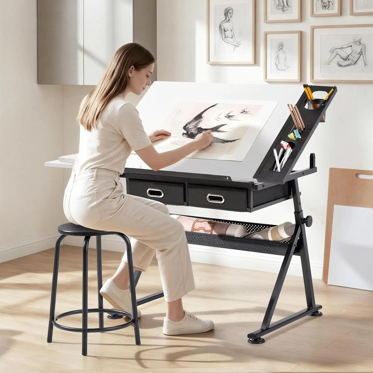 Adjustable Drafting Table Art Desk,Storage Drawers & Stool,White, Customized