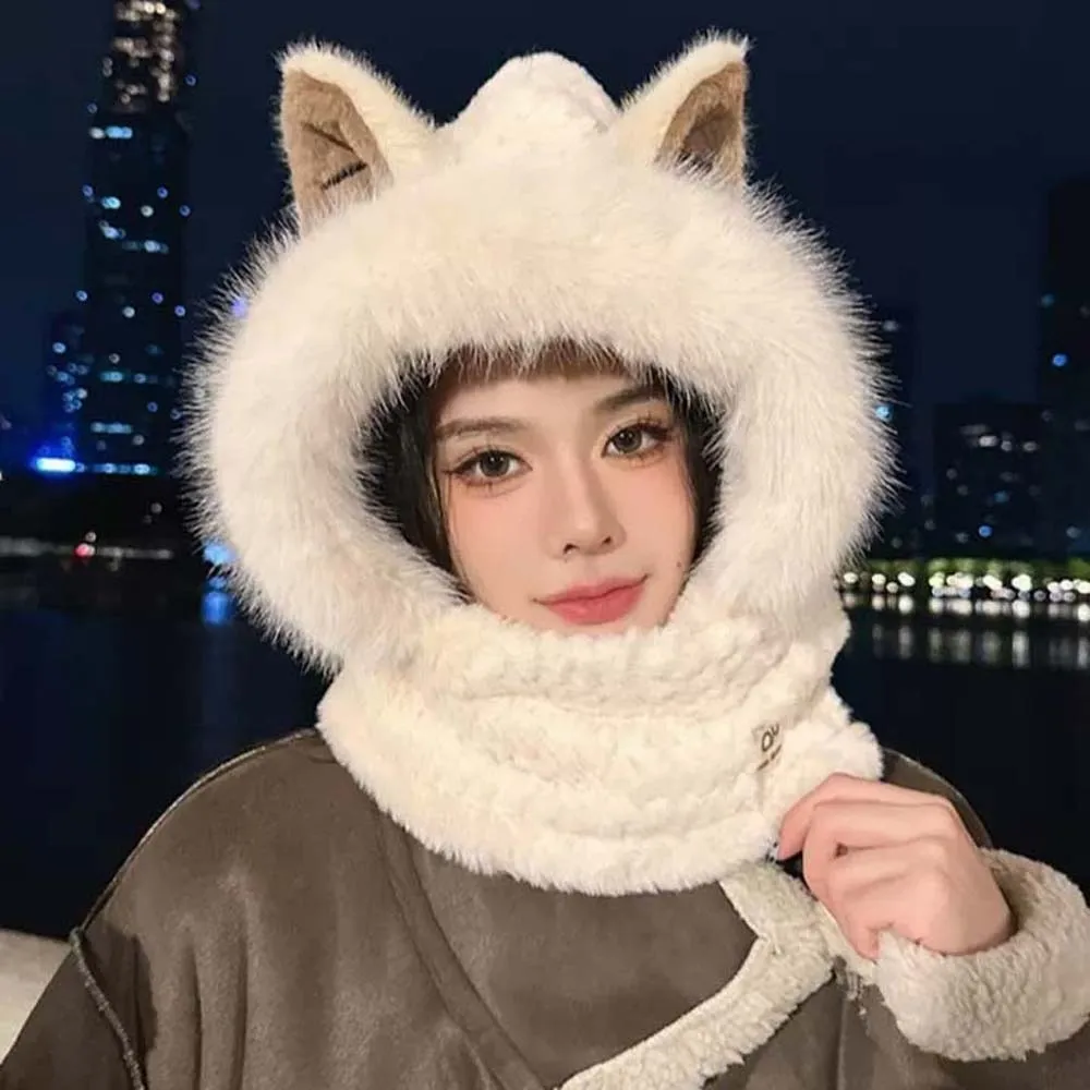 

Cute Cartoon Winter Plush Hat Anti-cold 2 IN 1 Animal Ear Scarf Hat Magnetic Buckle Warmer Ear Protection Cap Shopping