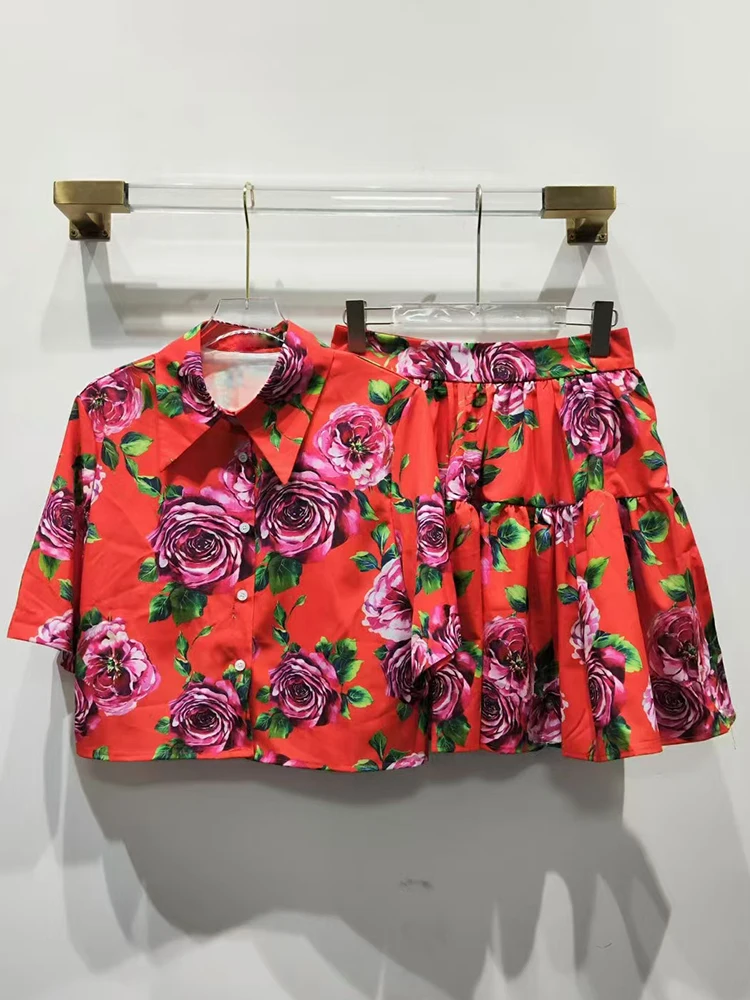 

Vintage printed lapel short straight shirt two-piece 2025 summer women's wear + high-waisted pleated loose skirt fashion suit