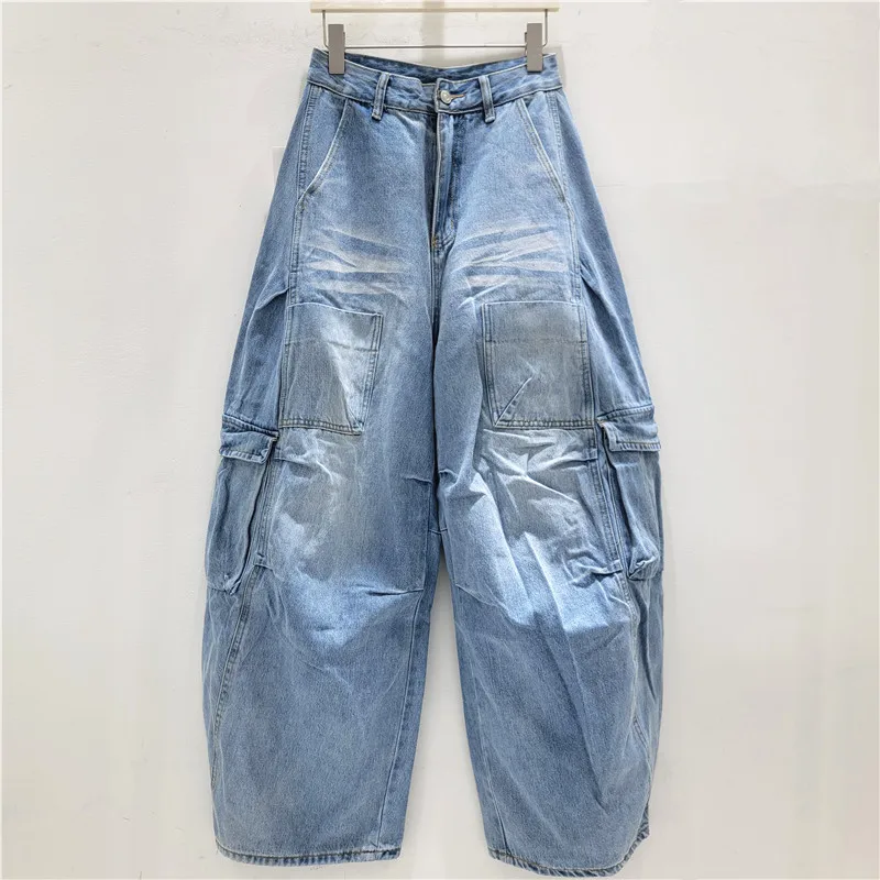 

American Street High Street Retro Flap Pocket Pants Workwear Jeans Loose Wide Leg Trendy Traight-leg Design for Women