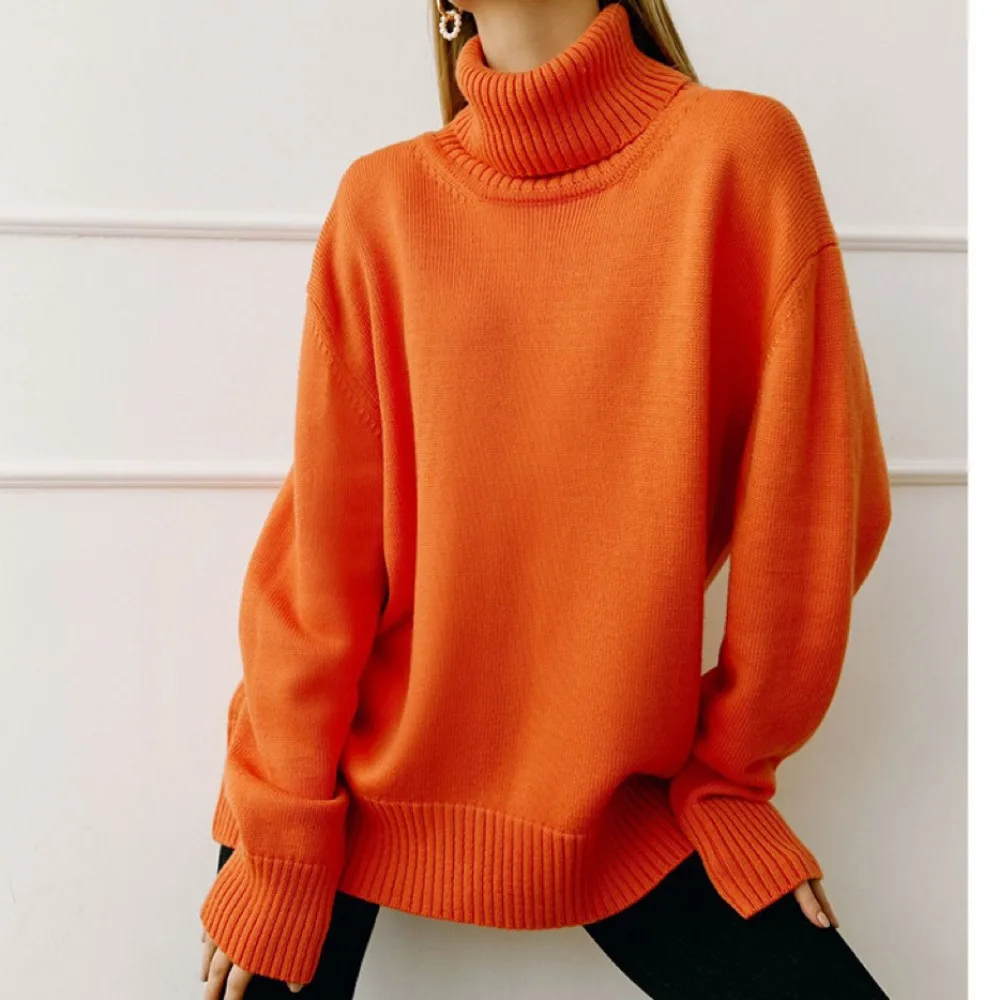 Solid Color High Neck Warm Knit Sweater Autumn and Winter Women\'s Classic Loose Casual Versatile Cotton Base Pullover Sweater