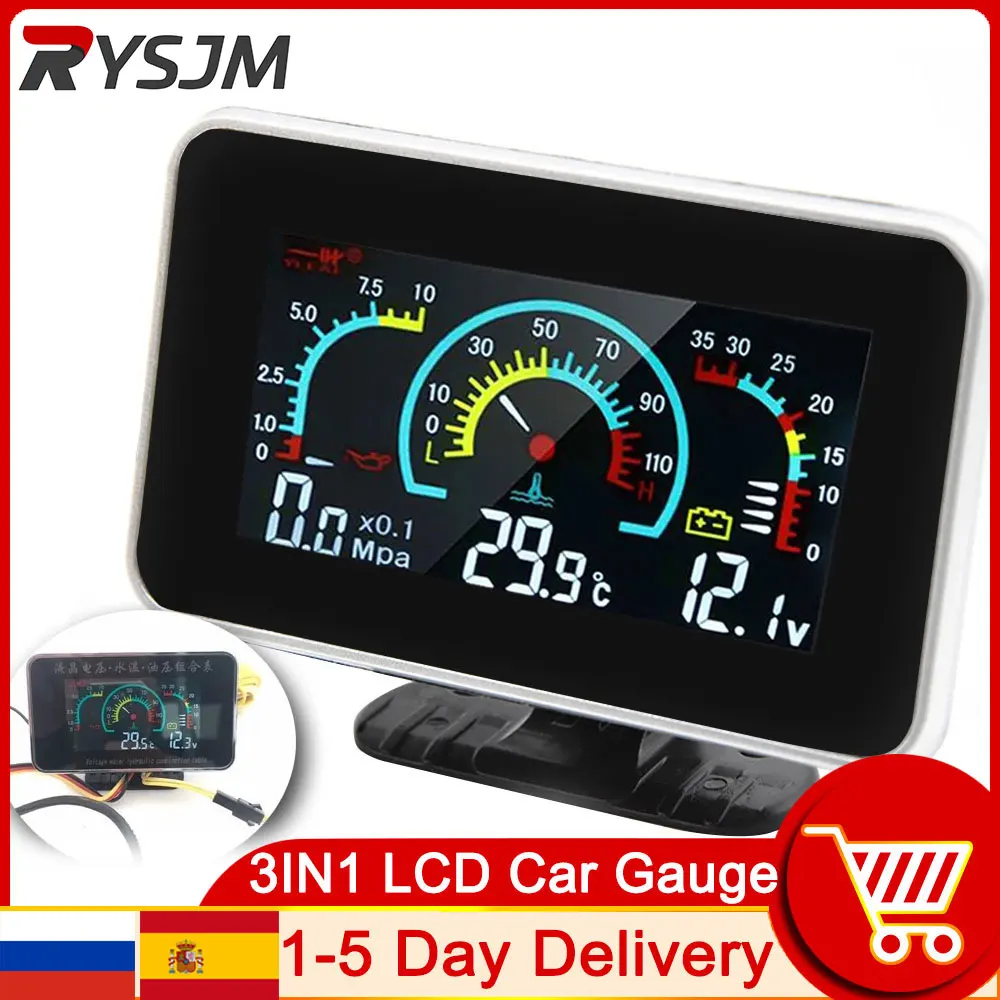 3 v 1 LCD auto digitální olej měrný tlak měrka voltmetr voda temp měřič 1/8 NPT olej měrný tlak senzor + voda teplota senzor 10mm