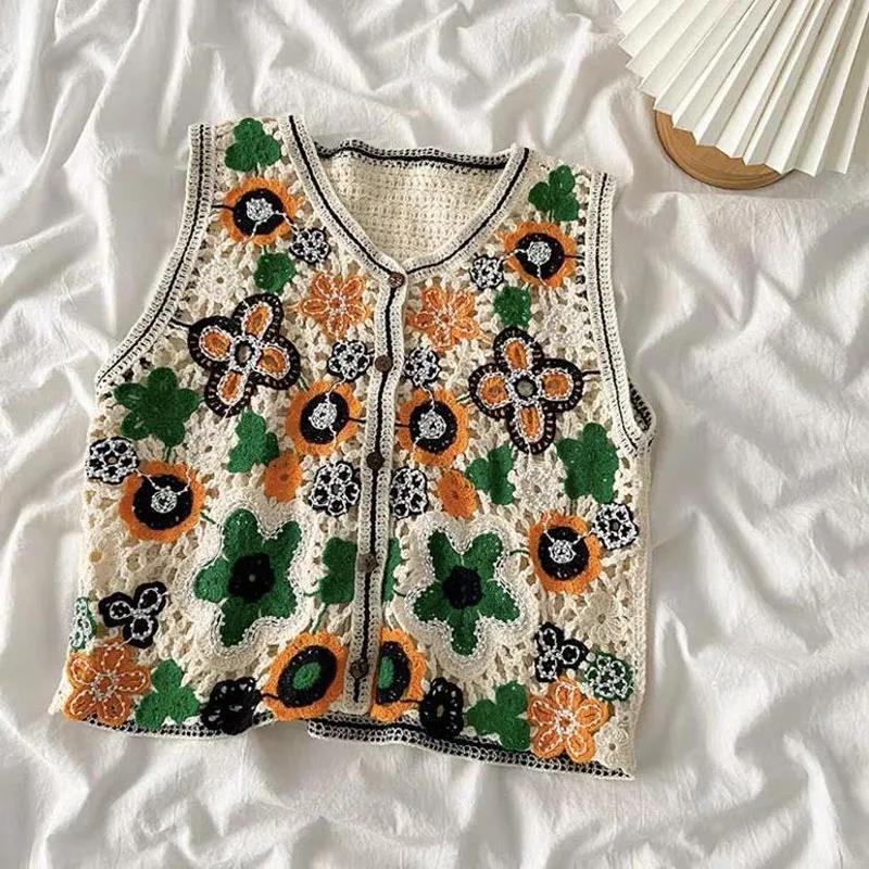 Boring Honey Retro National Style Beaded Crocheted Blouse  Flower V-Neck Top Women Summer Hollow Thin Single-Breasted Cardigan