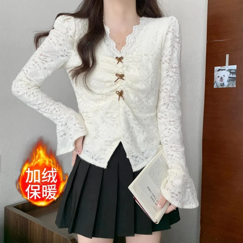 Top Selling High-end Slim Fit Flared Sleeve with Velvet Integrated Lace Shirt for Women Dopamine Based Bottom Cover Top