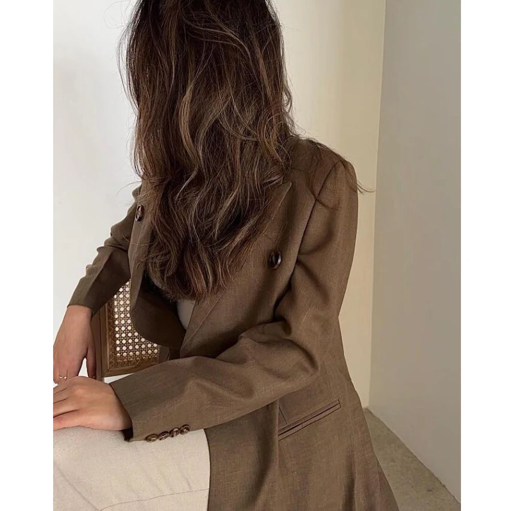 Brown Peak Lapel Double Breasted Women Jacket One Piece Summer Fashion Daily Casual X-Long Coat Office Lady Female Jacket