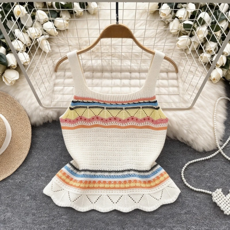 

Женский топ-майка с белыми полосками, без рукавов, с квадратным вырезом, эластичный, вязаный, с пэплумом, укороченный, повседневный, в стиле бохо, летний, на бретельках