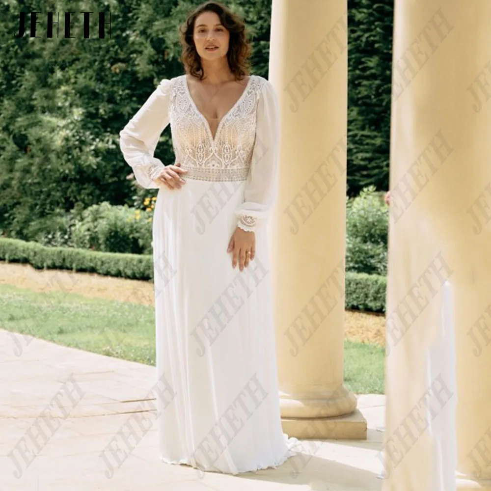 Vestido de novia clásico jeheth con talla extra grande 2024 V cuelloJEHETH-vestidos de novia clásicos con cuello en V y mangas abullonadas, vestidos de novia elegantes con apliques de encaje, línea A, talla grande 2024