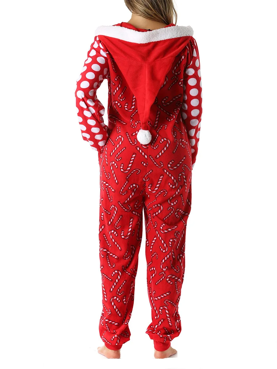 Women\'s Christmas Pajamas Romper Long Sleeve Zip Up Hooded Jumpsuit Sleepwear Holiday Costume