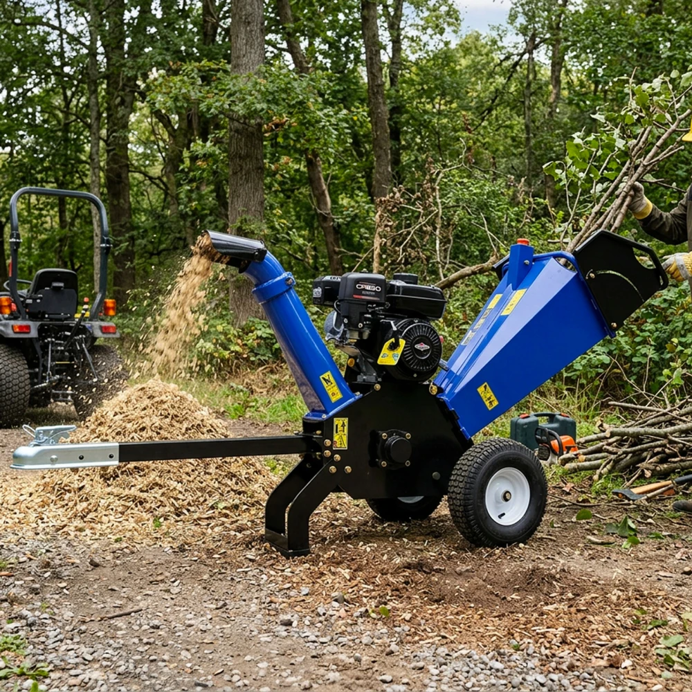 

4-дюймовый бензиновый измельчитель древесины 208 куб. см, 6,5 л.с., с ручным запуском, для измельчения листьев и веток, с муфтой 2 дюйма и фаркопом