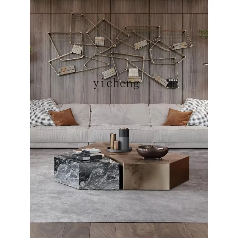 CJ-12 Geometric Light Luxury Coffee Table Living Room Household Stainless Steel Marble Low Table