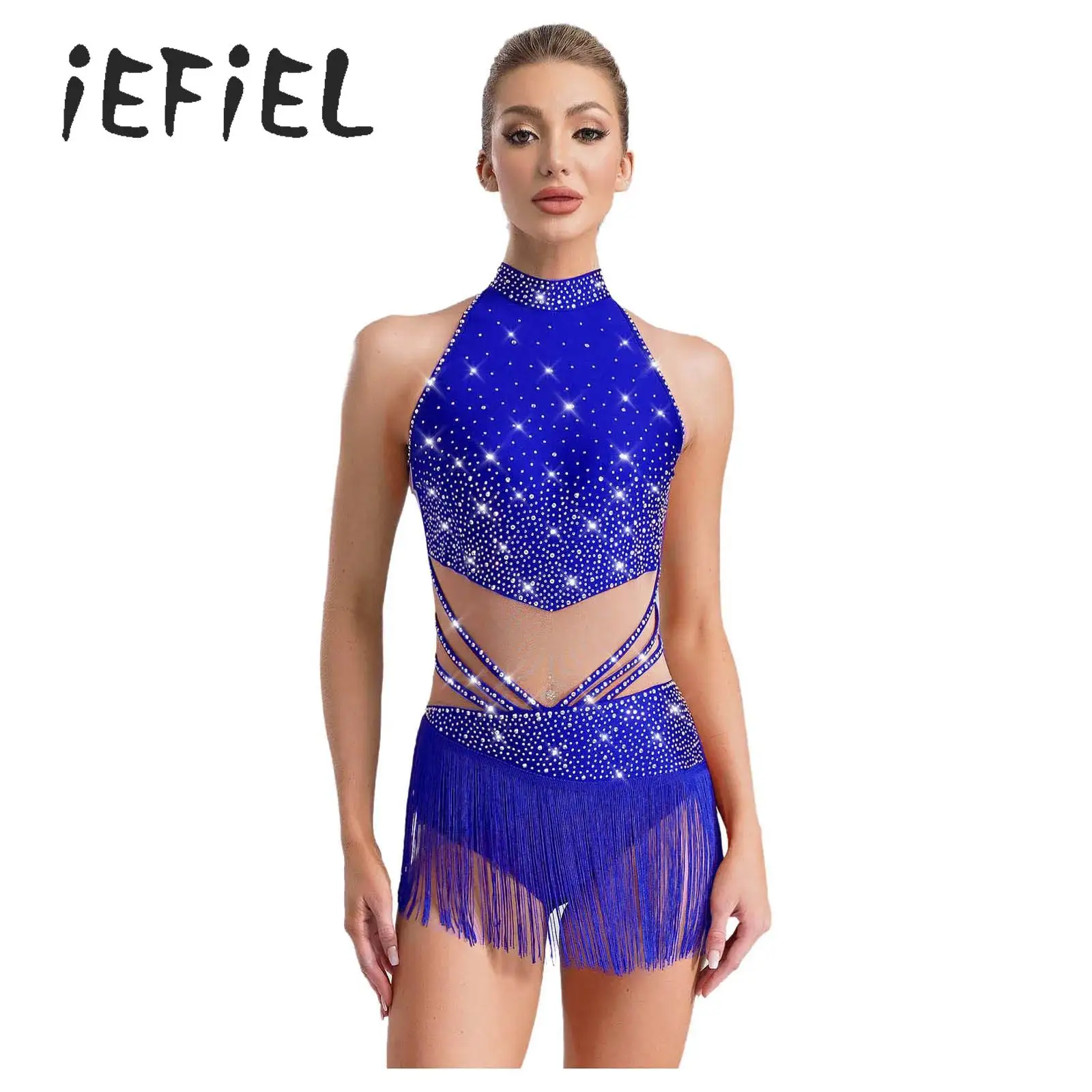 

Latin Dance Fringe Dress Wome Professional Rhinestones Tassels Leotard Bodysuit Dancewear for Skating Tango Chacha Performance