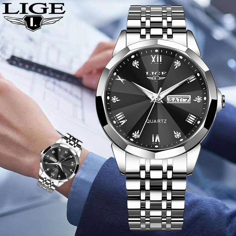 

Часы наручные LIGE Мужские кварцевые, модные роскошные деловые водонепроницаемые светящиеся с браслетом из нержавеющей стали, со стразами, с отображением даты и недели