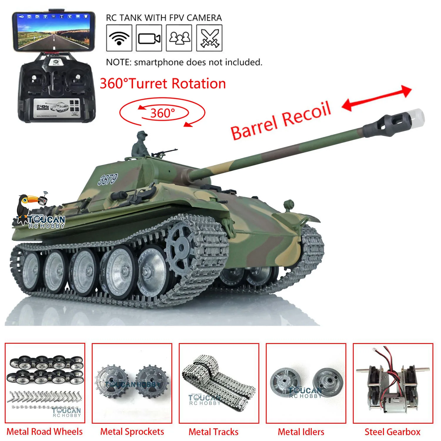 

Радиоуправляемый танк Heng Long 1/16 7.0 FPV Customized Panther G RTR 3879 с металлическими гусеницами и колесами TH17492-SMT4